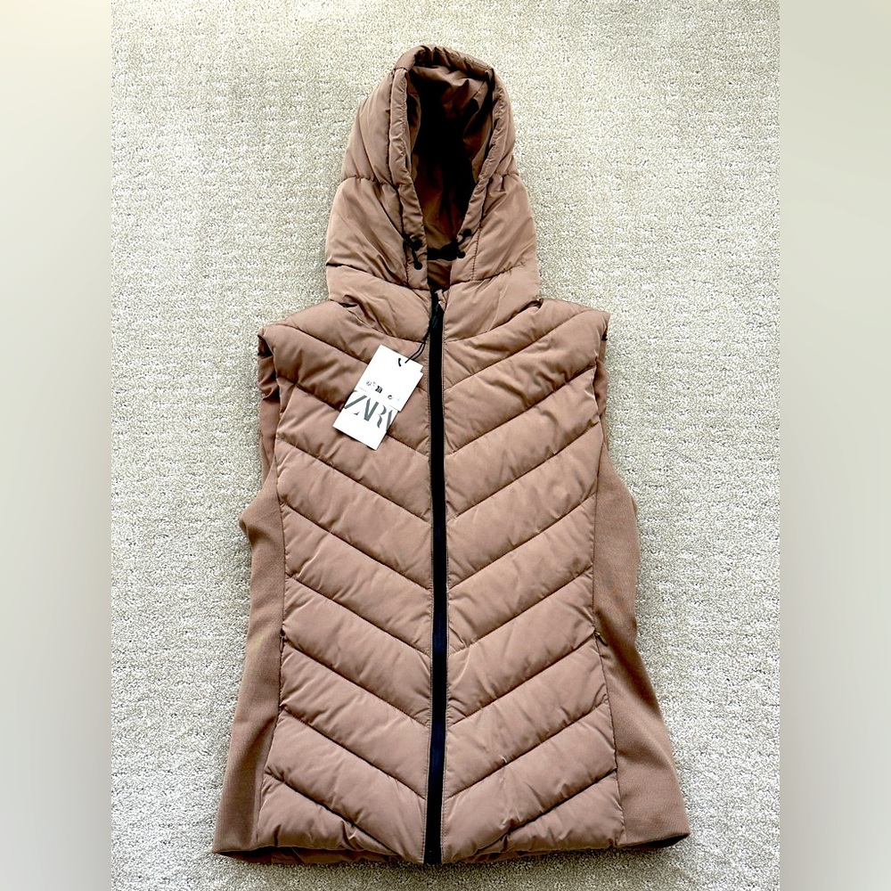 Zara tan brown hooded puffer vest New Medium